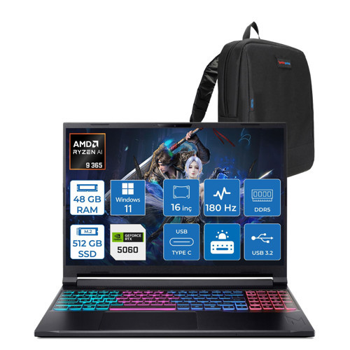 Nitro V 16S Aı AN16S Amd Ryzen™ Aı 9 365 48GB Ddr5 512GB SSD 8GB/RTX5060 115W 16"qhd+ 2560X1600 180Hz IPS WIN11PRO Gaming Bilgisayar. NHQXUEY001P12+ZETTAÇANTA