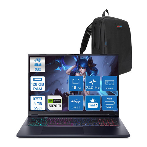 Predator Helios Neo 18 Aı Intel®core™ Ultra 9 275HX 128GB Ddr5 4tb SSD 12GB/RTX5070Tİ 140W 18" 2560 x 1600 Wqxga 240HZ Freedos Gaming Bilgisayar. NHQVMEY002F35+ZETTAÇANTA