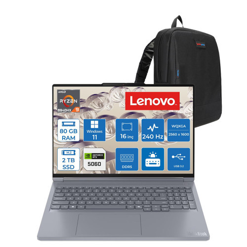 Thinkbook 16P Gen6 Adr Amd Ryzen™ 9 8940HX Aı 80GB Ddr5 2tb SSD RTX5060/8GB 115W 16" Wqxga (2560X1600) IPS 500NITS 240Hz Hdr™ 400 WIN11PRO Gaming Bilgisayar 21U00014TXP29+ZETTAÇANTA