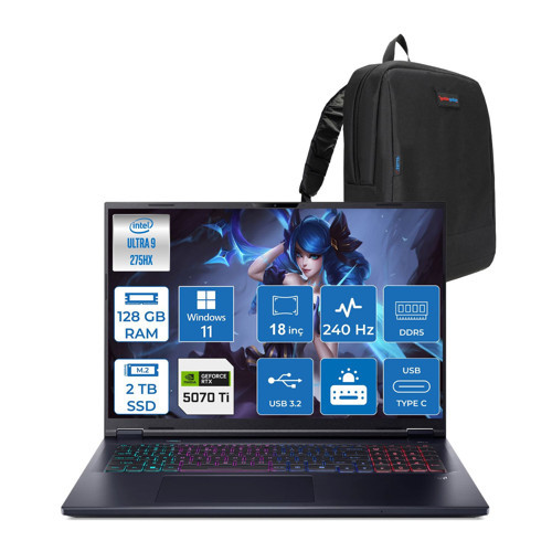 Predator Helios Neo 18 Aı Intel®core™ Ultra 9 275HX 128GB Ddr5 2tb SSD 12GB/RTX5070Tİ 140W 18" 2560 x 1600 Wqxga 240HZ WIN11HOME Gaming Bilgisayar. NHQVMEY002H34+ZETTAÇANTA