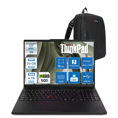 Thinkpad P16S Gen4 Intel Core Ultra 7 255H 24GB 4tb SSD 6GB/RTXPRO500 16" Wuxga IPS 400NITS 60Hz Wi-Fi7 Windows 11 Home Taşınabilir Iş Istasyonu 21QV000YTXH08 + Zettaçanta