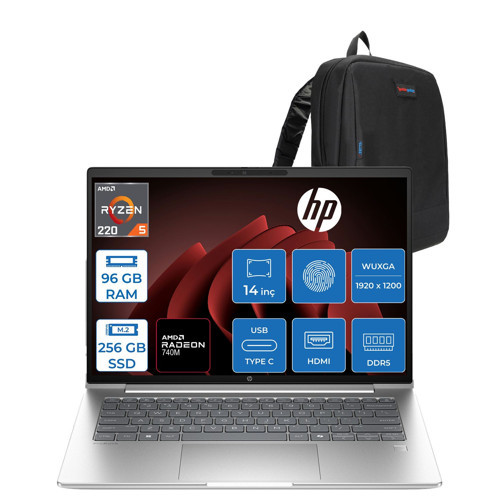 Probook 4 G1AH 14 Amd Ryzen 5 220 4.9ghz 96GB Ddr5 256GB SSD Freedos Amd Radeon 740M 14" Wuxga (1920 x 1200) IPS 300NITS Taşınabilir Bilgisayar CV0E6ATF36 + Zetta Çanta