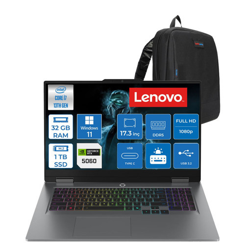 Loq 17IRX10 Intel Core I7 13700HX 32GB Ddr5 1tb SSD RTX5060 8gb 115W Windows 11 Pro 17.3 Inç Fhd (1920X1080) IPS 300NITS 165HZ 100% Srgb Taşınabilir Bilgisayar W83JH00BQTRP14 + Zetta Çanta