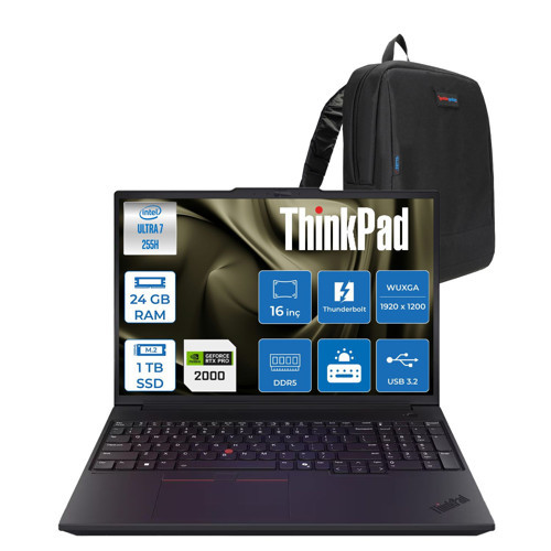 Thinkpad P16V Gen3 Intel Core Ultra 7 255H 24GB 512GB+512GB SSD 8GB/RTXPRO2000 16" Wuxga IPS 400NITS 60Hz Wi-Fi7 Freedos Taşınabilir Iş Istasyonu 21RS000BTXF34 + Zettaçanta