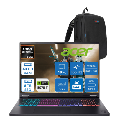 Nitro 18 Ryzen Aı 9 365 40GB 8tb SSD 12GB/RTX5070TI/115W 18" Qhd (2560 x 1600) 165Hz Mat IPS Freedos Gaming Bilgisayar NHQYFEY001F52 + Zettaçanta