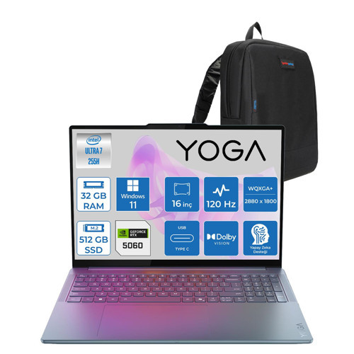 Yoga 9 16IAH10 Pro Aura Edition Intel Ultra Core 7 255H 32GB 512GB SSD 8GB/RTX5060/GDDR7 16" 2.8k Wqxga+ OLED 1100NITS 120Hz Windows 11 Home Taşınabilir Bilgisayar 83L0002LTRH09 + Zettaçanta
