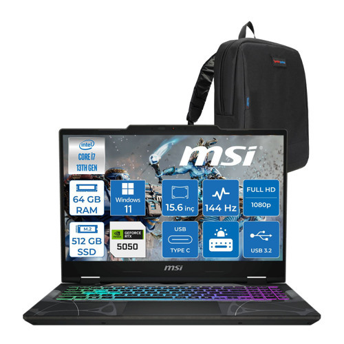 Cyborg 15 Intel Core I7 13620H 64GB Ddr5 512GB SSD RTX5050 Gddr7 8gb Windows 11 Pro 15.6" Fullhd (1920X1080) 144HZ IPS Taşınabilir Bilgisayar B13WEKG613XTRP27 + Zetta Çanta