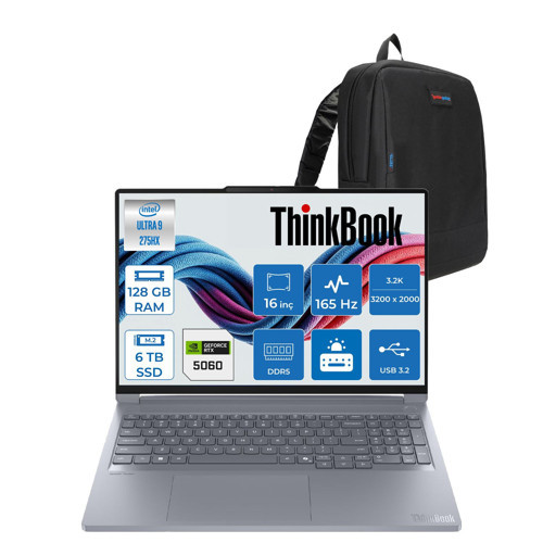 Thinkbook 16P G6 Iax Intel Core Ultra 9 275HX 128GB Ddr5 6tb SSD Freedos RTX5060 8gb 115W 16" 3.2k (3200X2000) IPS 500NITS 165Hz Taşınabilir Bilgisayar 21R0001JTXF62 + Zetta Çanta