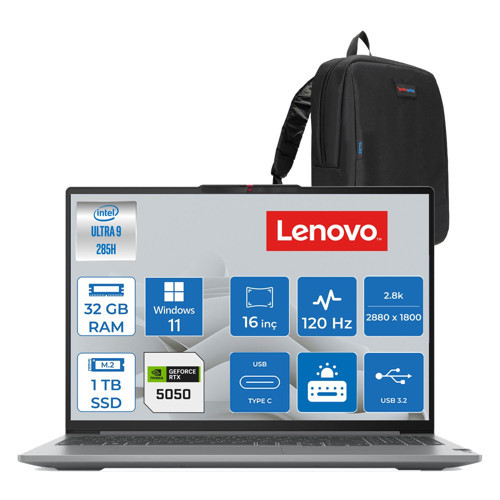 Ideapad Pro 5 16IAH10 Intel Core Ultra 9 285H 32GB 8400MHZ 1tb SSD Windows 11 Pro RTX5050 8gb Gddr7 16" 2.8k (2880X1800) OLED 1100NITS 120Hz IP83JM0012TRP03 + Zetta Çanta