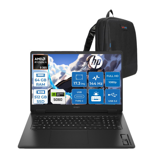 Omen 17-DB1022NT Amd Ryzen Aı 9 365 64GB Ddr5 512GB SSD Freedos RTX5060 8gb Gddr6 17.3 Inç Fullhd (1920 x 1080) 144Hz 7ms 300NITS IPS Taşınabilir Bilgisayar CD5N2EAF31 + Zetta Çanta
