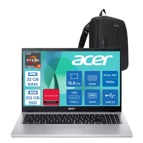 Aspire Go AG15-41 Amd Ryzen 7 7735HS 32GB 512GB SSD Freedos Amd Radeon Graphics 15.6'' Fullhd (1920X1080) Taşınabilir Bilgisayar NXJ7FEY002F09 + Zetta Çanta