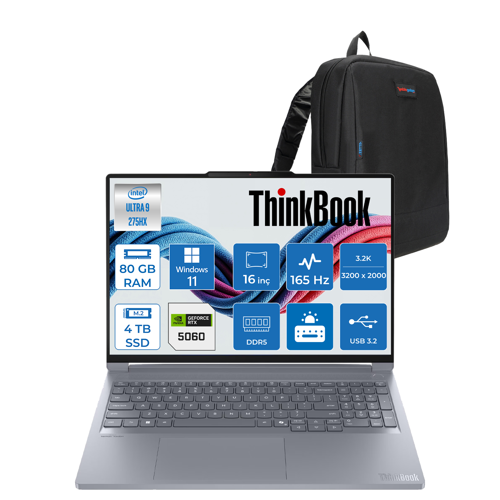 Thinkbook 16P G6 Iax Intel Core Ultra 9 275HX 80GB Ddr5 4tb SSD Windows 11 Home RTX5060 8gb 115W 16" 3.2k (3200X2000) IPS 500NITS 165Hz Taşınabilir Bilgisayar 21R0001JTXH47 + Zetta Çanta