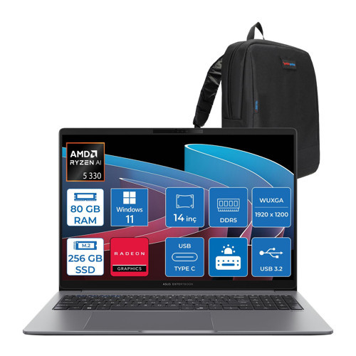 Expertbook P3 PM3406CKA Ryzen Aı 5-330 80GB Ddr5 256GB SSD Radeon 820M 14.0-Inch, Wuxga (1920 x 1200) 300NITS WIN11HOME Taşınabilir Bilgisayar PM3406CKA5H21+ZETTAÇANTA
