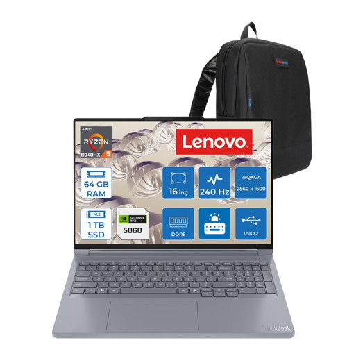 Thinkbook 16P Gen6 Adr Amd Ryzen™ 9 8940HX Aı 64GB Ddr5 1tb SSD RTX5060/8GB 115W 16" Wqxga (2560X1600) IPS 500NITS 240Hz Hdr™ 400 Freedos Gaming Bilgisayar 21U00014TXF23+ZETTAÇANTA