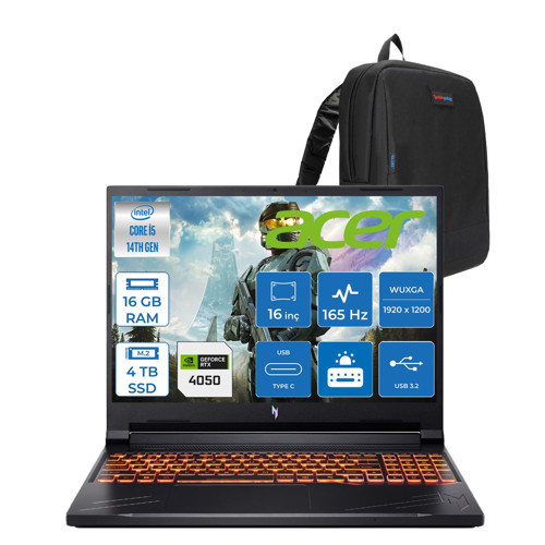 Nitro ANV16 Intel Core I5 14450HX 4.8ghz 16GB Ddr5 4tb SSD Freedos RTX4050 85W 6gb 16" IPS Wuxga (1920 x 1200) 165HZ Taşınabilir Bilgisayar NHQTREY001F05 + Zetta Çanta