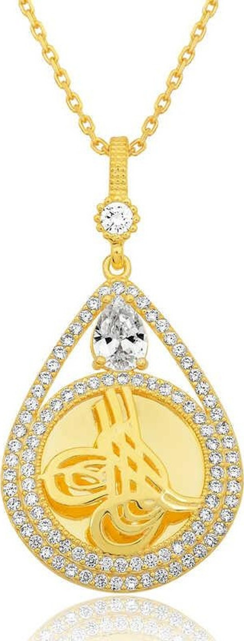 925 Ayar Gümüş Gold Kaplama Damla Tuğralı Kadın Kolye
