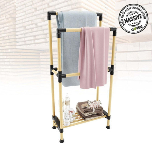 Ahşap Banyo Havluluk Raflı 2 Askılı 48 Cm Genişlik