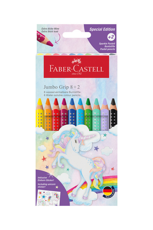 Faber Castell Unicorn Grip Jumbo Boya Kalemi 8+2 Renk, Ergonomik Gövde, Canlı ve Parlak Renkler,Dayanıklı Kalın Uç