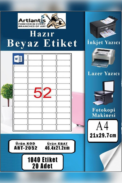 A4 Hazır Etiket 46.4x21.2 mm 20 Sayfa 1 Paket 52 li Kendinden Yapışkanlı Fotokopi Lazer İnkjet Kağıdı Yazıcılar İçin Uyu