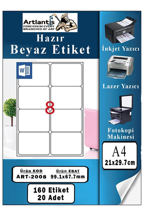 A4 8 li Hazır Etiket 99.1x67.7 mm 20 Sayfa 1 Paket Kendinden Yapışkanlı Fotokopi Lazer İnkjet Kağıdı Yazıcılar İçin Uyum