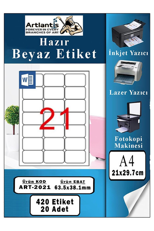 A4 21 li Hazır Etiket 63.5x38.1 mm 20 Sayfa 1 Paket Kendinden Yapışkanlı Fotokopi Lazer İnkjet Kağıdı Yazıcılar İçin Uyu