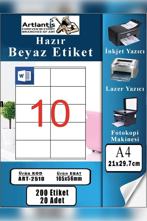 A4 Hazır Etiket 105x56 mm 20 Sayfa 1 Paket 10 lu Kendinden Yapışkanlı Fotokopi Lazer İnkjet Kağıdı Yazıcılar İçin Uyumlu