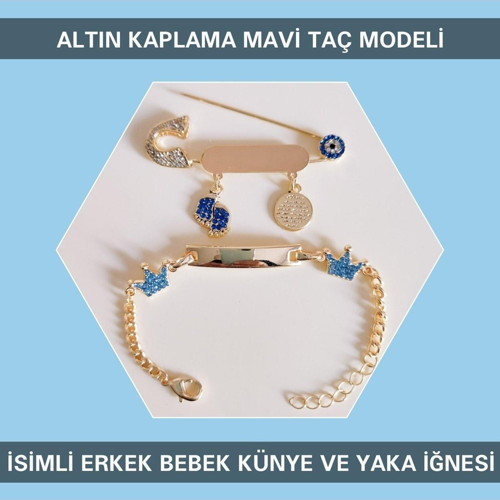 14 Ayar Altın Kaplama Mavi Taç Modeli İsimli Erkek Bebek Künye Ve Yaka Iğnesi Ibcb065