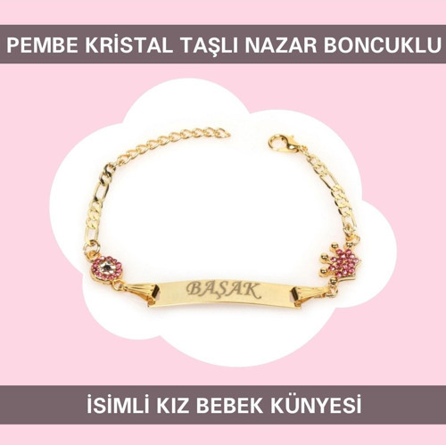 14 Ayar Altın Kaplama Pembe Kristal Taşlı Nazar Boncuklu İsimli Kız Bebek Künyesi Ibcb032