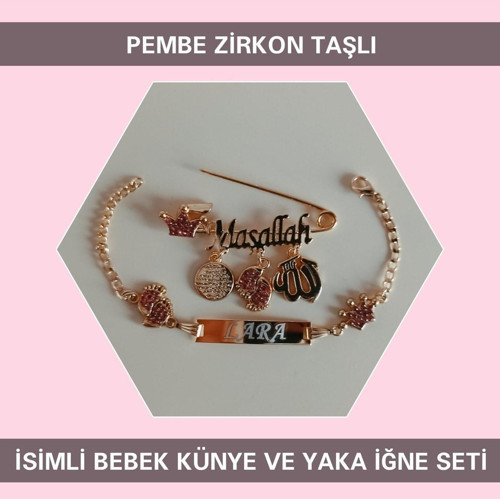 14 Ayar Altın Kaplama Pembe Zirkon Taşlı İsimli Bebek Künyesi Ve Yaka Iğnesi Seti