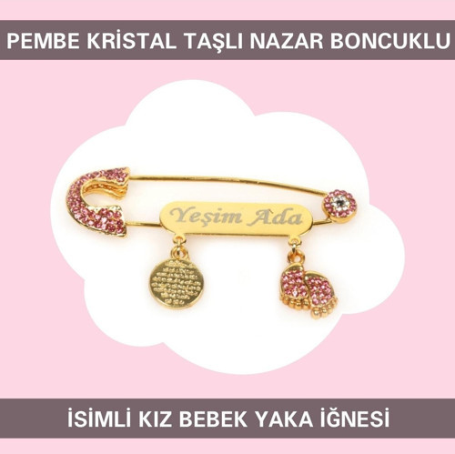 14 Ayar Altın Kaplama Pembe Zirkon Taşlı İsimli Kız Bebek Yaka Iğnesi Tybkı095