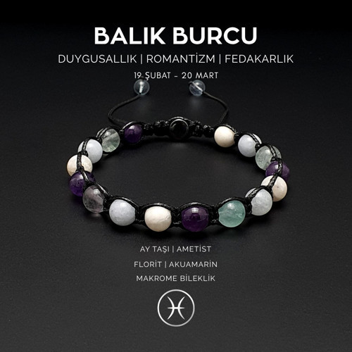 Doğal Taş Bileklik, Balık Burcu, Ay Taşı, Ametist, Akuamarin, Florit Taşı Makrome Bileklik Ayarlanabilir bileklik
