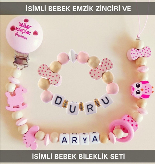 İsimli Bebek Emzik Zinciri Ve Bebek Bileklik Seti Bez027