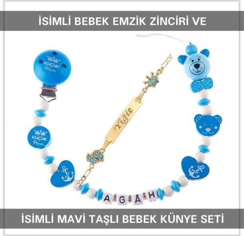 İsimli Bebek Emzik Zinciri ve İsimli Bebek Künye Seti BEZYI618