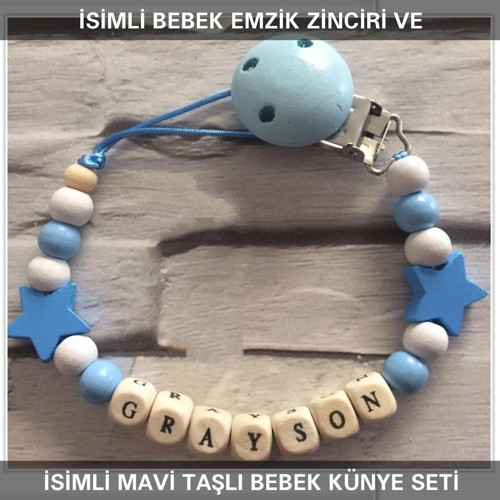 İsimli Bebek Emzik Zinciri ve İsimli Bebek Künye Seti BEZYI646