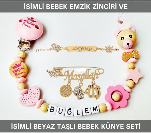 İsimli Bebek Emzik Zinciri ve İsimli Bebek Künye Seti BEZYI664