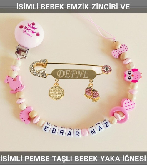 İsimli Bebek Emzik Zinciri Ve Mavi Taşlı Bebek Yaka Iğnesi