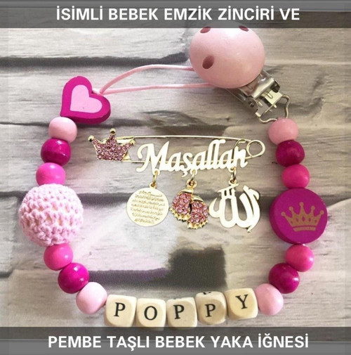 İsimli Bebek Emzik Zinciri Ve Pembe Taşlı Bebek Yaka Iğnesi Tybezyı071