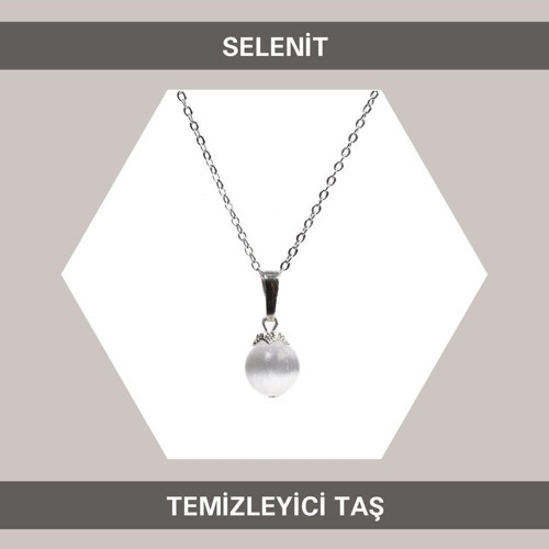 Küre Modeli Doğal Selenit Taşı Kolye (ZİNCİR DAHİL)