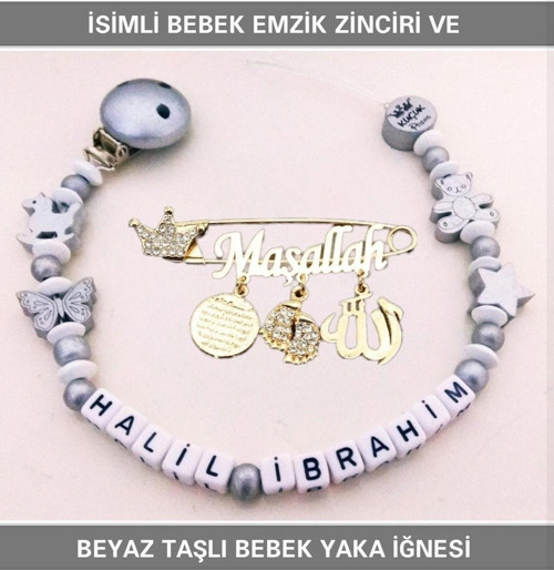 İsimli Bebek Emzik Zinciri Ve Beyaz Taşlı Bebek Yaka Iğnesi