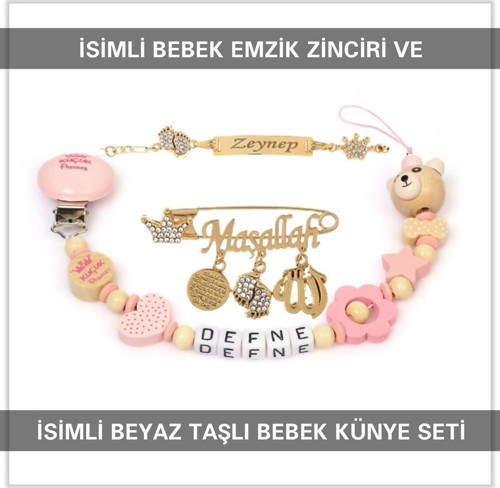 İsimli Bebek Emzik Zinciri ve İsimli Bebek Künye Seti BEZYI679