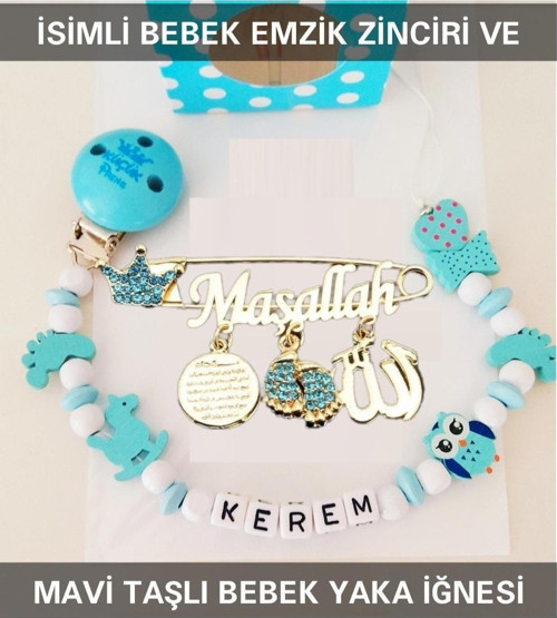 İsimli Bebek Emzik Zinciri Ve Mavi Taşlı Bebek Yaka Iğnesi