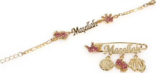 Pembe Krsital Taşlı Maşallah Yazılı Bebek Yaka İğne Ve Bileklik Seti