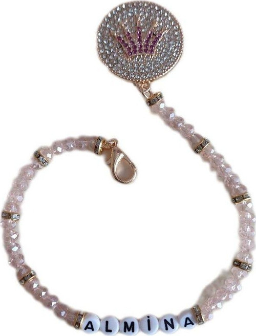 Pembe Taç Modeli ve İsimli Pembe Taşlı Bebek Emzik Zinciri BEZYI1121