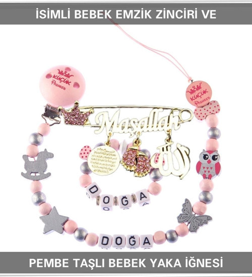 İsimli Bebek Emzik Zinciri Seti Ve Pembe Taşlı Bebek Yaka Iğnesi