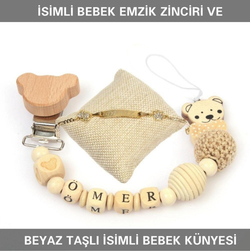 İsimli Bebek Emzik Zinciri Ve Beyaz Taşlı Bebek Künyesi