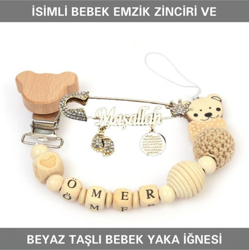 İsimli Bebek Emzik Zinciri Ve Beyaz Taşlı Bebek Yaka Iğnesi