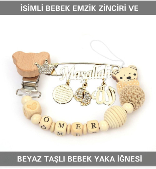 İsimli Bebek Emzik Zinciri Ve Beyaz Taşlı Bebek Yaka Iğnesi