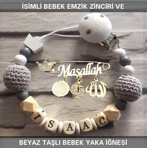 İsimli Bebek Emzik Zinciri Ve Beyaz Taşlı Bebek Yaka Iğnesi