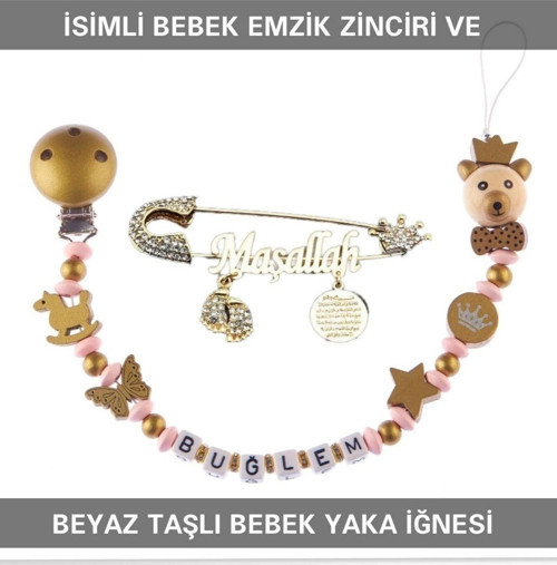 İsimli Bebek Emzik Zinciri Ve Beyaz Taşlı Bebek Yaka Iğnesi