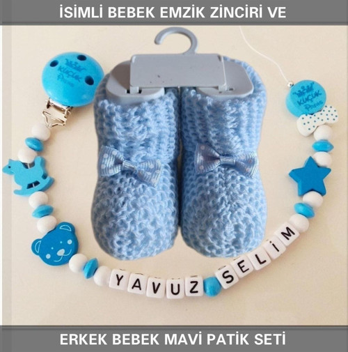 İsimli Bebek Emzik Zinciri Ve Erkek Bebek Mavi Patik Seti